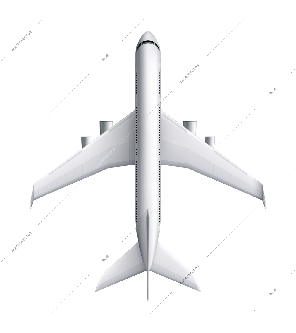 Civil aircraft realistic identity composition of white airplane flying on blank background isolated vector illustration