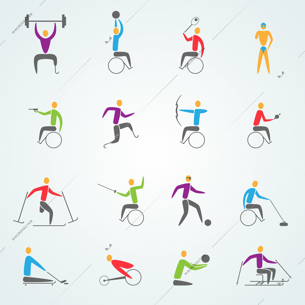 Disabled sports icons set with invalid athletes competition symbols isolated vector illustration