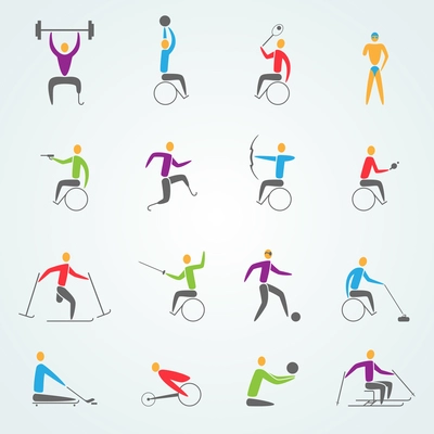 Disabled sports icons set with invalid athletes competition symbols isolated vector illustration