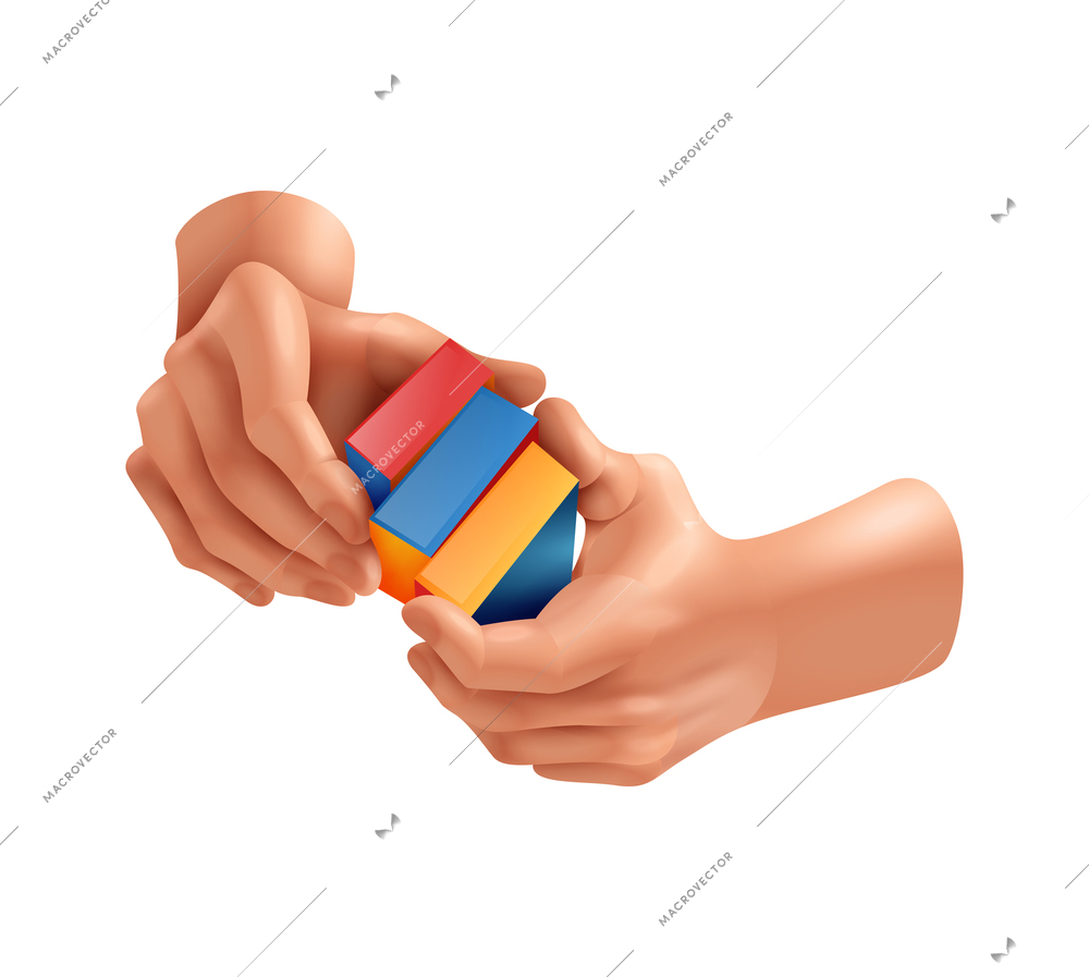 Hands games composition with realistic view of human hand palm on blank background with toy vector illustration