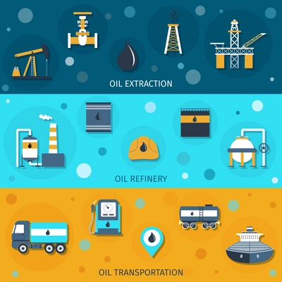 Oil industry flat banners set with extraction refinery transportation elements isolated vector illustration