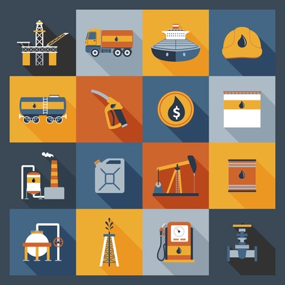 Oil industry drilling gas terminal fuel canister icons flat set isolated vector illustration