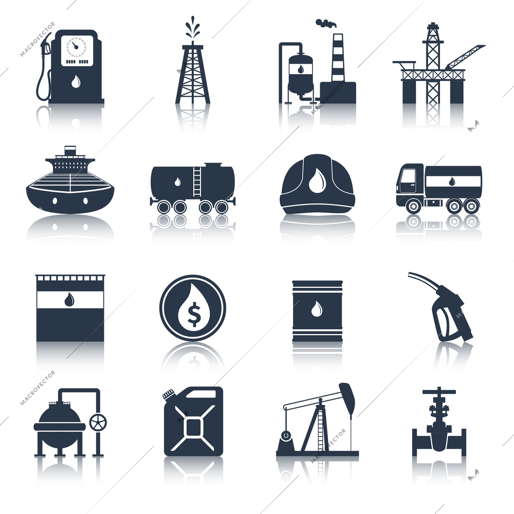Oil industry diesel canister fuel tanker gas terminal icons black set isolated vector illustration