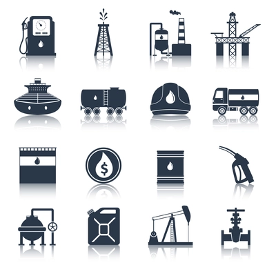 Oil industry diesel canister fuel tanker gas terminal icons black set isolated vector illustration