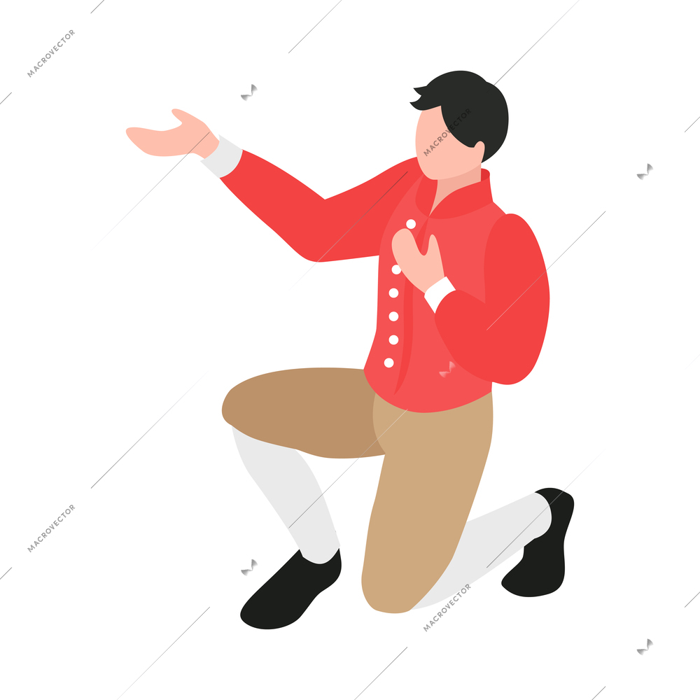 Isometric opera ballet theatre composition with isolated human character of theatrical performer in costume vector illustration