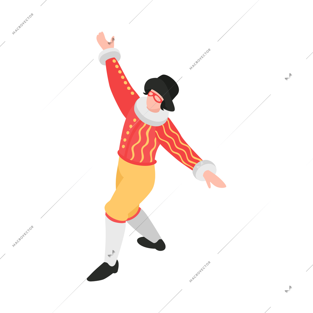 Isometric opera ballet theatre composition with isolated human character of theatrical performer in costume vector illustration