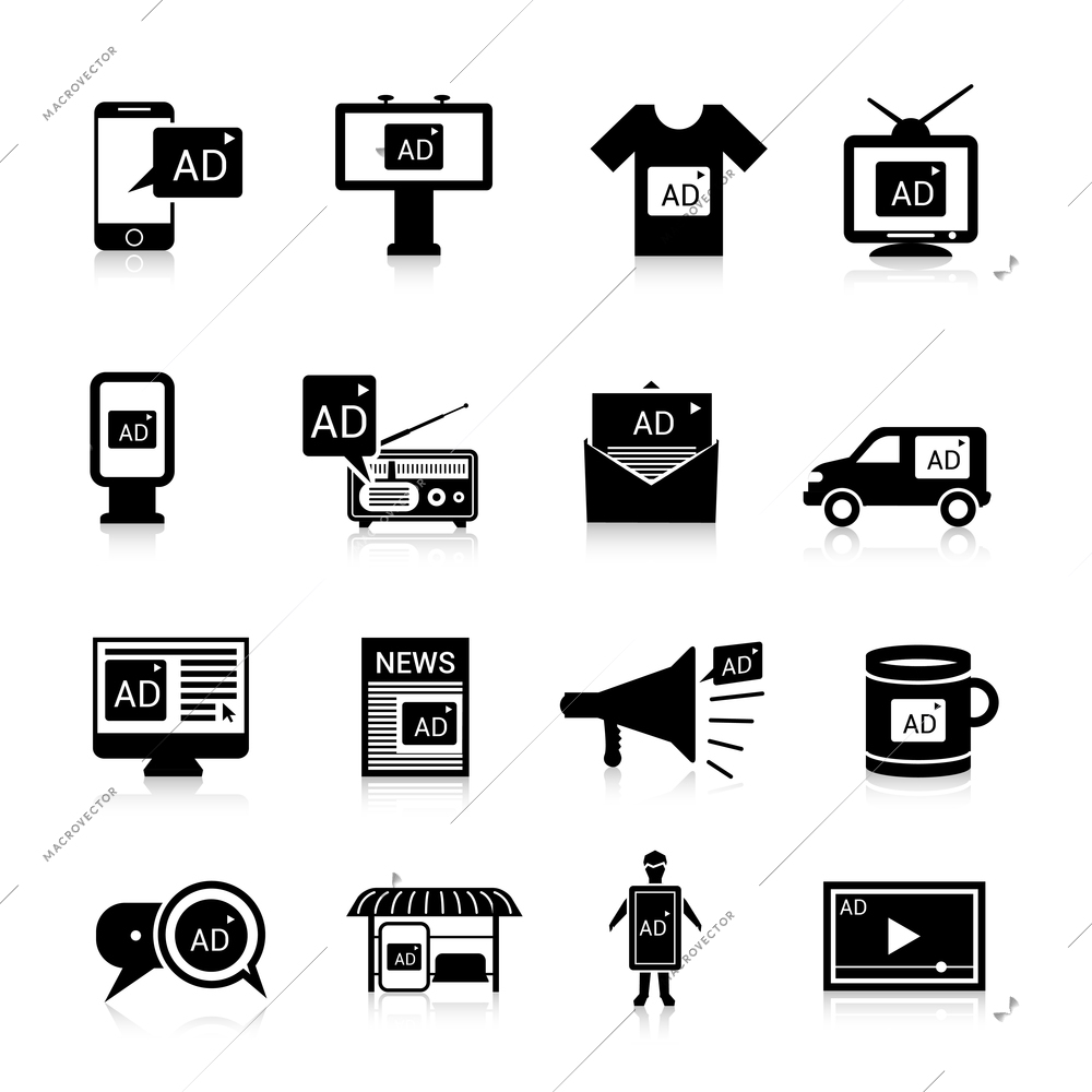 Advertising icons black set with multimedia propaganda publication isolated vector illustration