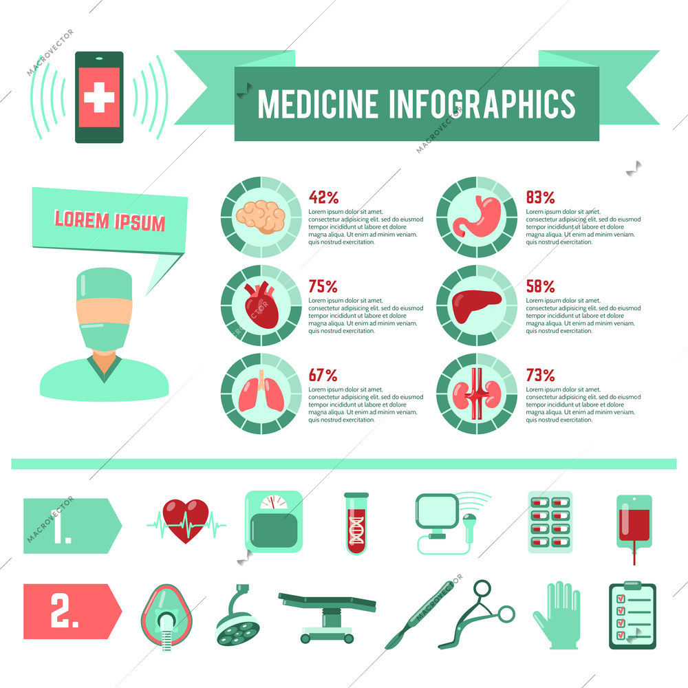 Surgery medicine infographics with surgeon operation symbols and charts vector illustration