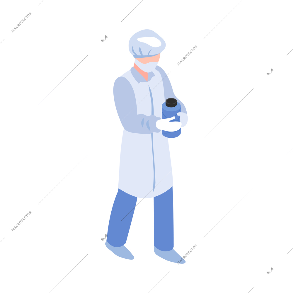 Isometric textile factory production composition with isolated personnel member in uniform on blank background vector illustration