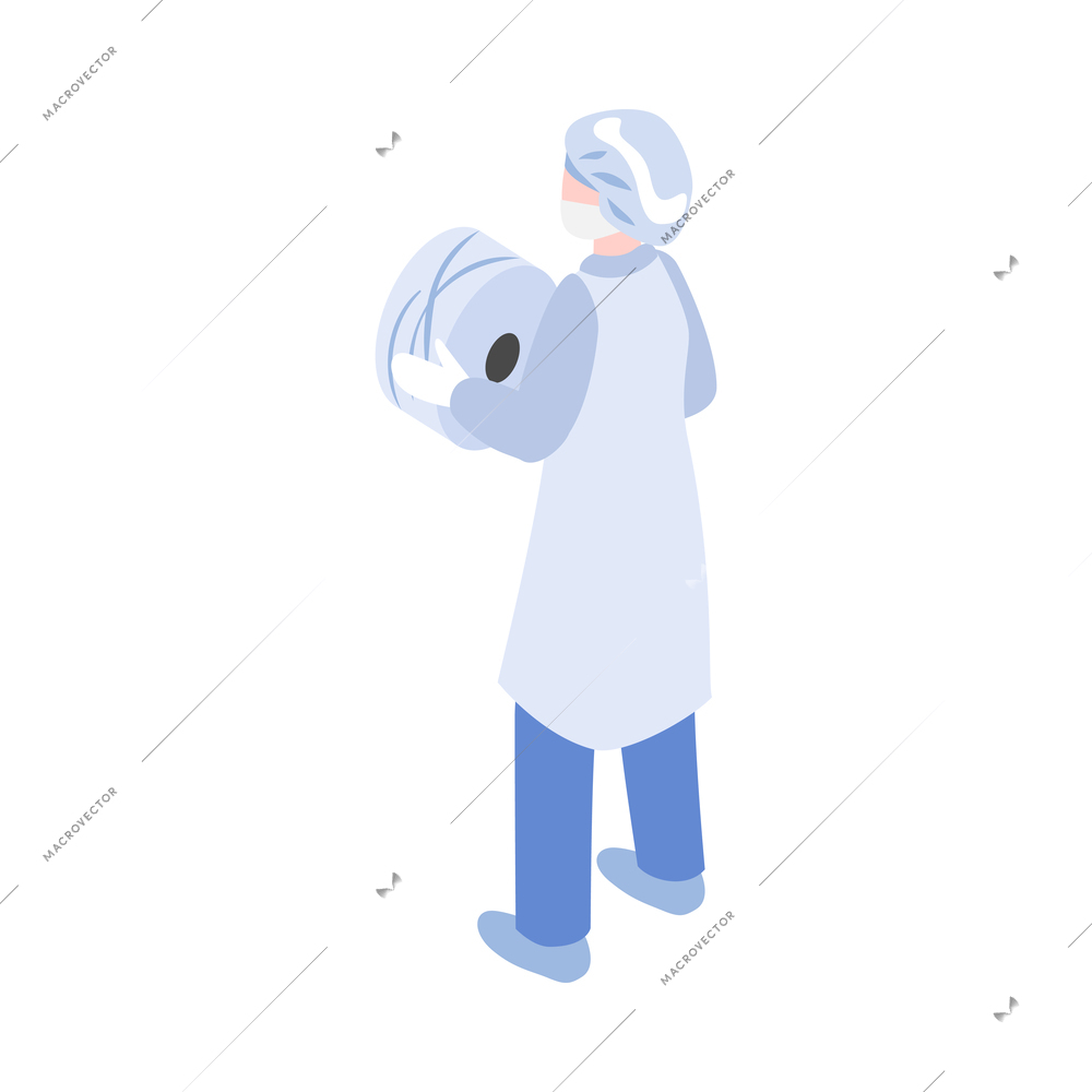 Isometric textile factory production composition with isolated personnel member in uniform on blank background vector illustration