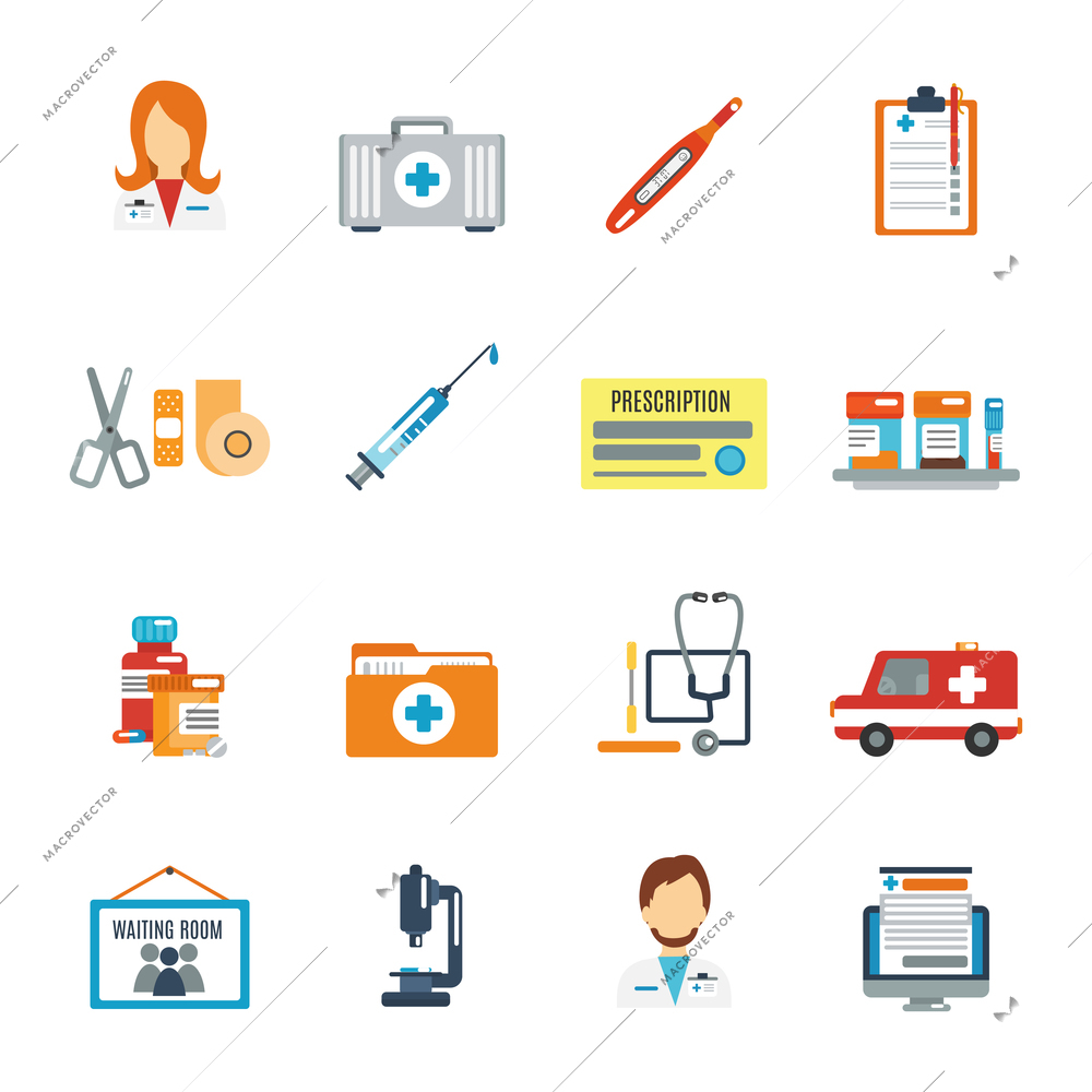 Doctor first aid icon flat set with pills thermometer syringe isolated vector illustration