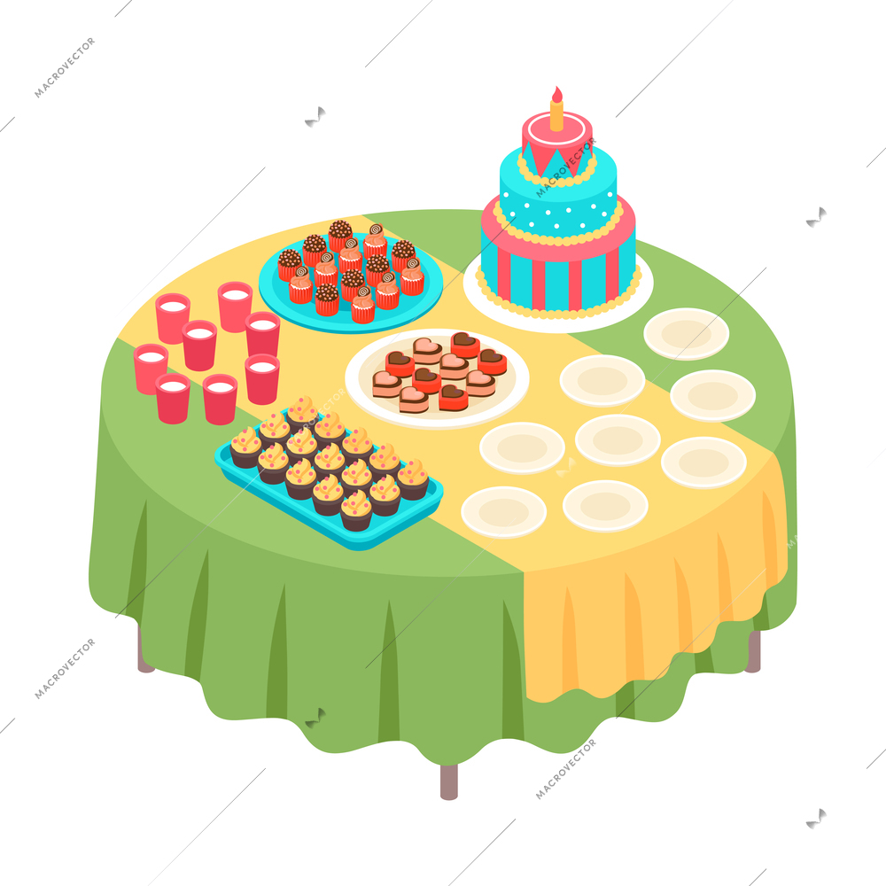 Isometric kids animator holiday party composition with isolated child party icons on blank background vector illustration