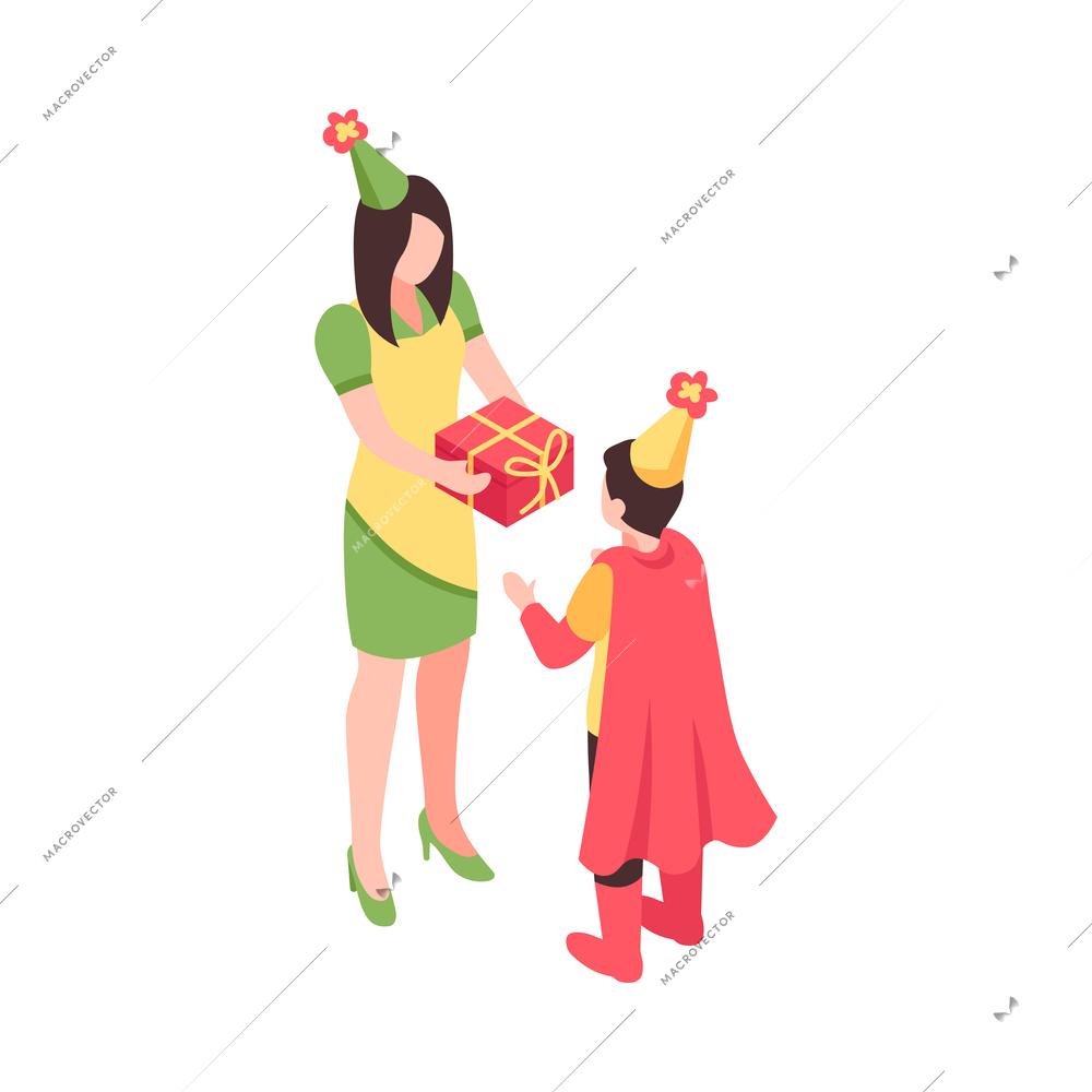 Isometric kids animator holiday party composition with isolated child party icons on blank background vector illustration