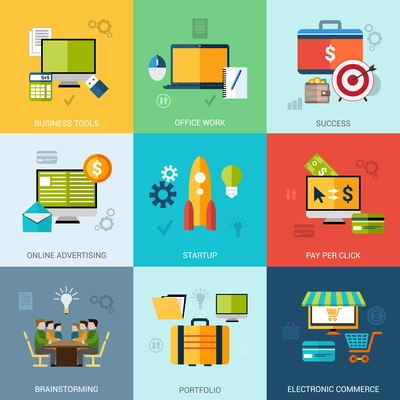 Business concept set with office work success online advertising icons isolated vector illustration