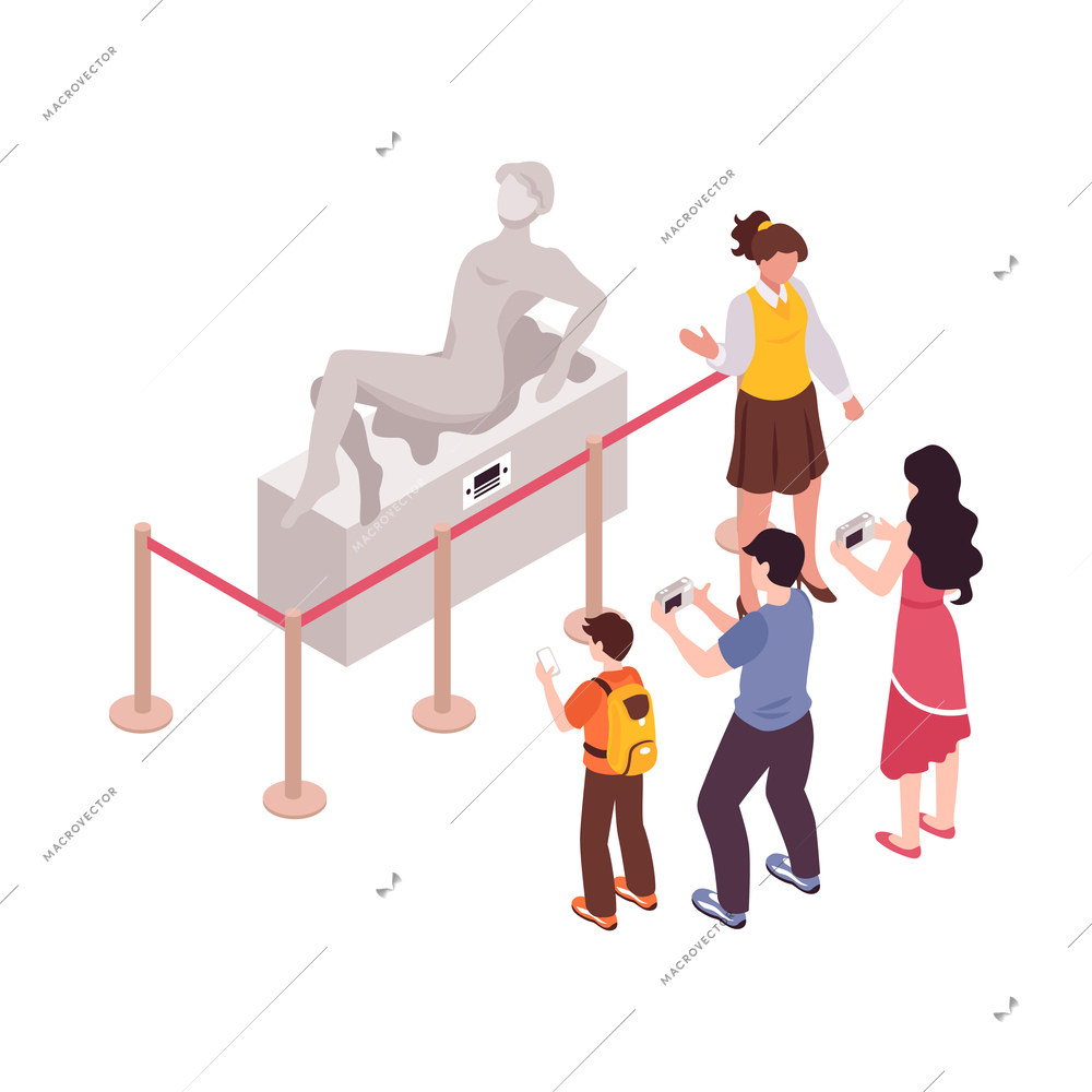 Isometric guide excursion composition with human characters specimen pieces and sightsmen vector illustration