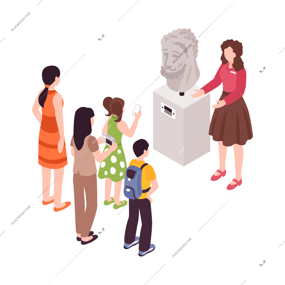 Isometric guide excursion composition with human characters specimen pieces and sightsmen vector illustration