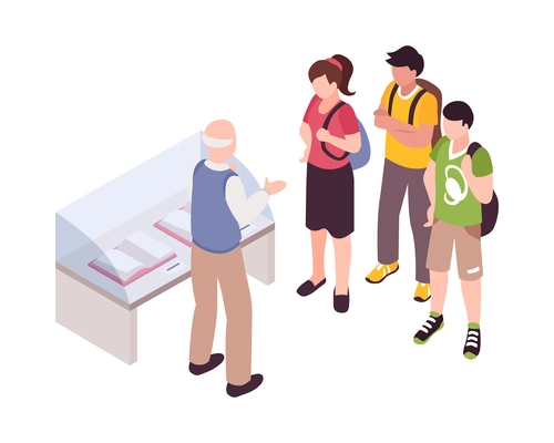 Isometric guide excursion composition with human characters specimen pieces and sightsmen vector illustration