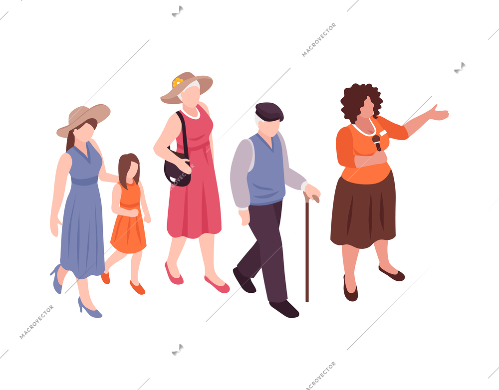 Isometric guide excursion composition with human characters specimen pieces and sightsmen vector illustration