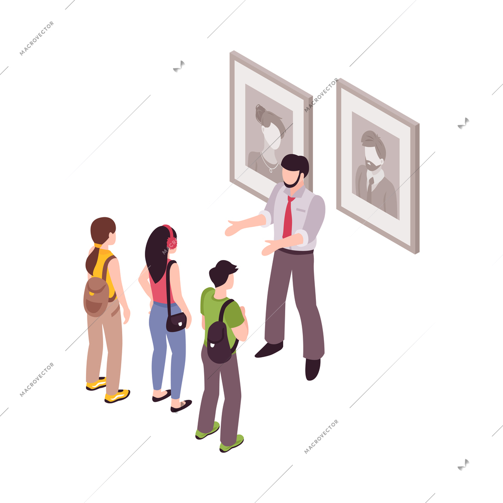 Isometric guide excursion composition with human characters specimen pieces and sightsmen vector illustration