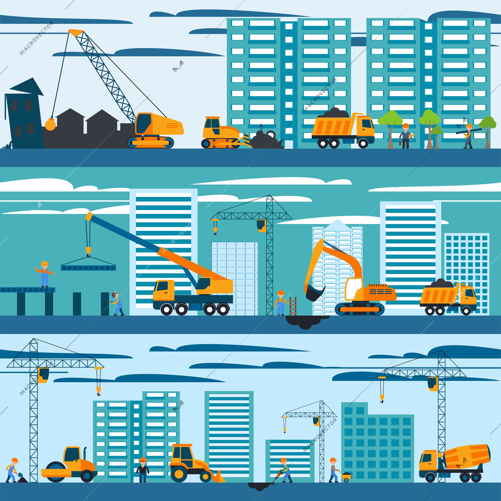 Construction and building concept with builders machines and skyscrapers vector illustration