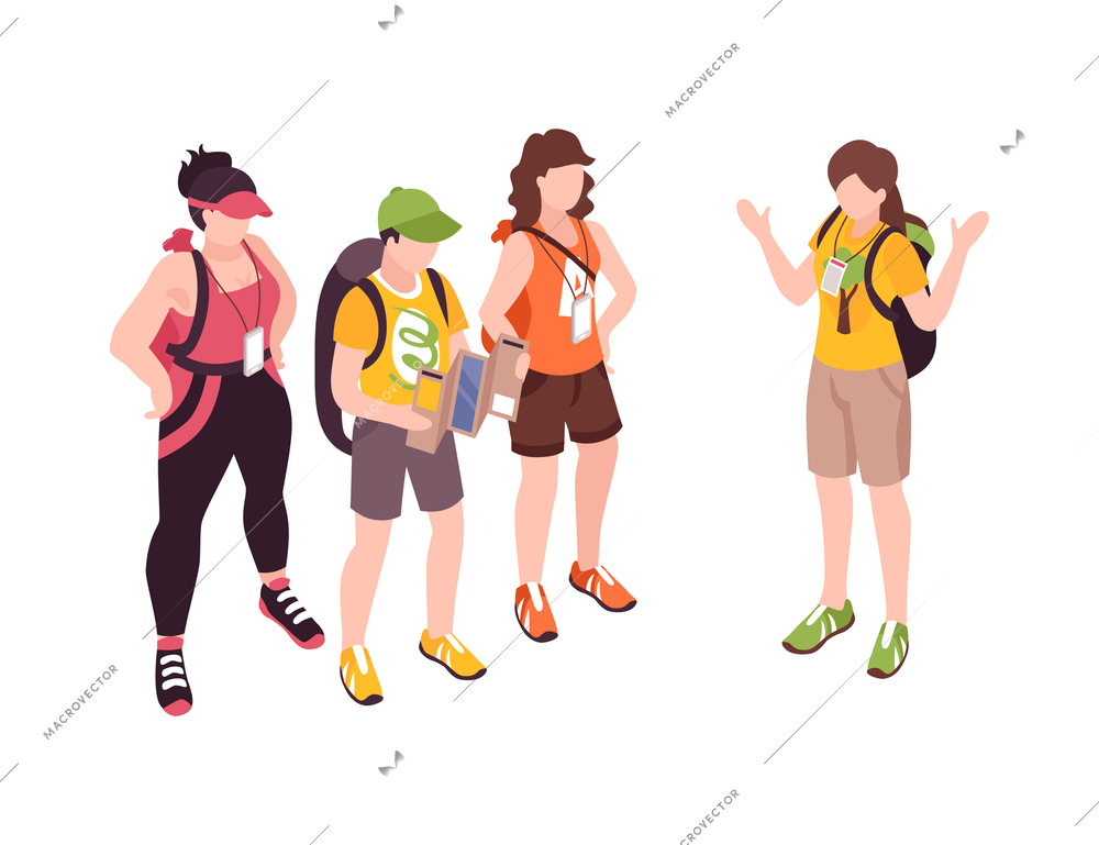 Isometric guide excursion composition with human characters specimen pieces and sightsmen vector illustration