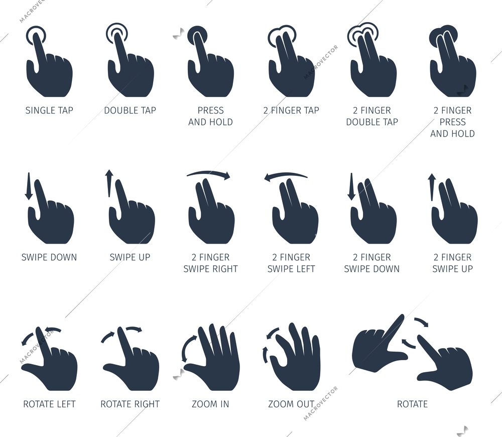 Touch gestures icons set with hands tap rotate press swipe isolated vector illustration