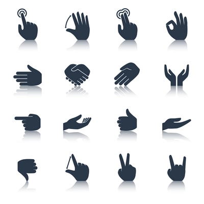 Human hands applause tap helping action gestures icons black set isolated vector illustration