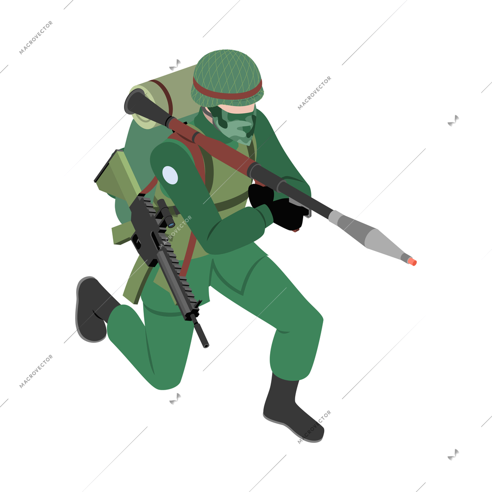 Army military equipment soldier isometric composition with isolated icon on blank background vector illustration