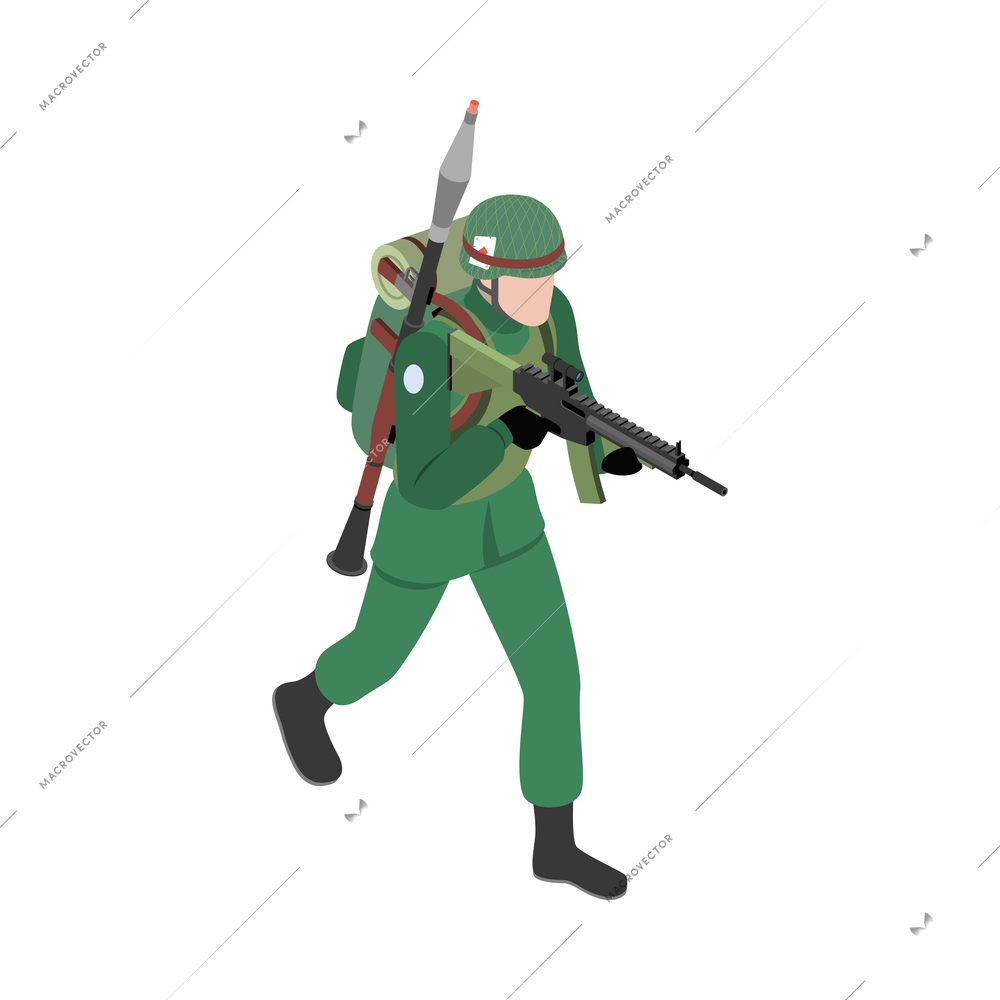 Army military equipment soldier isometric composition with isolated icon on blank background vector illustration