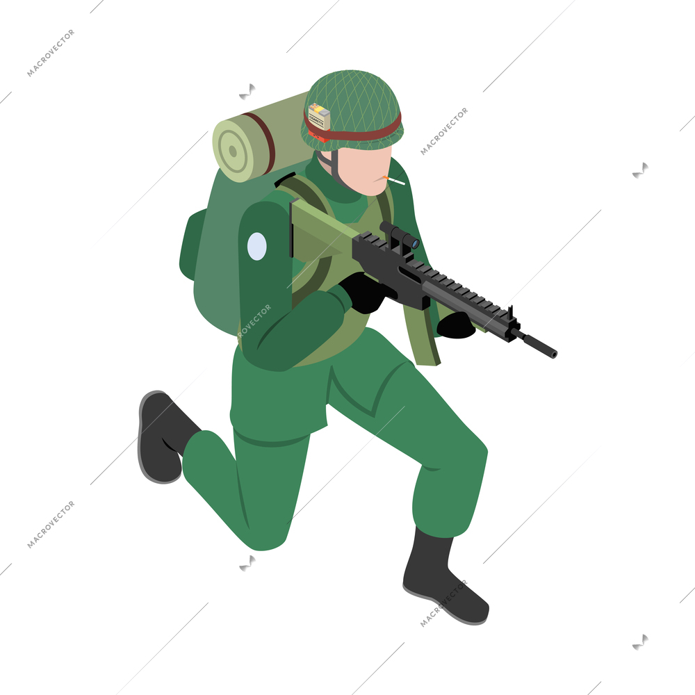 Army military equipment soldier isometric composition with isolated icon on blank background vector illustration