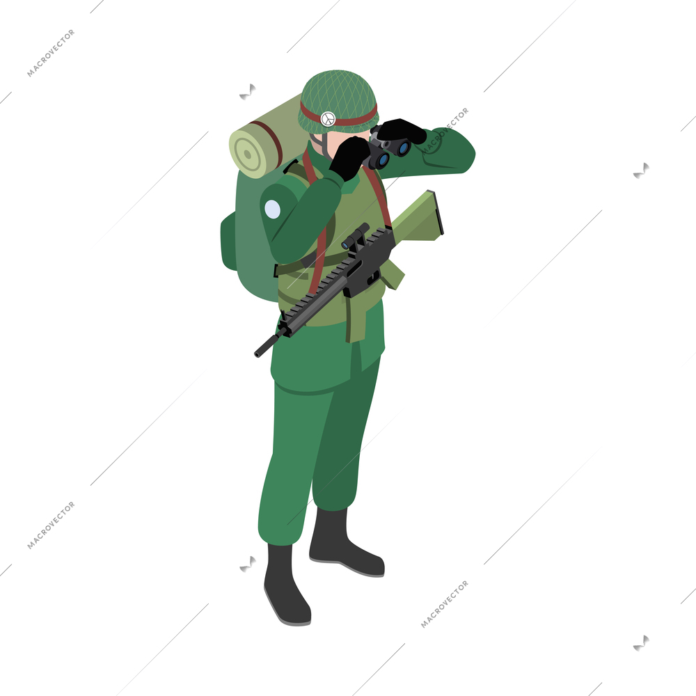 Army military equipment soldier isometric composition with isolated icon on blank background vector illustration