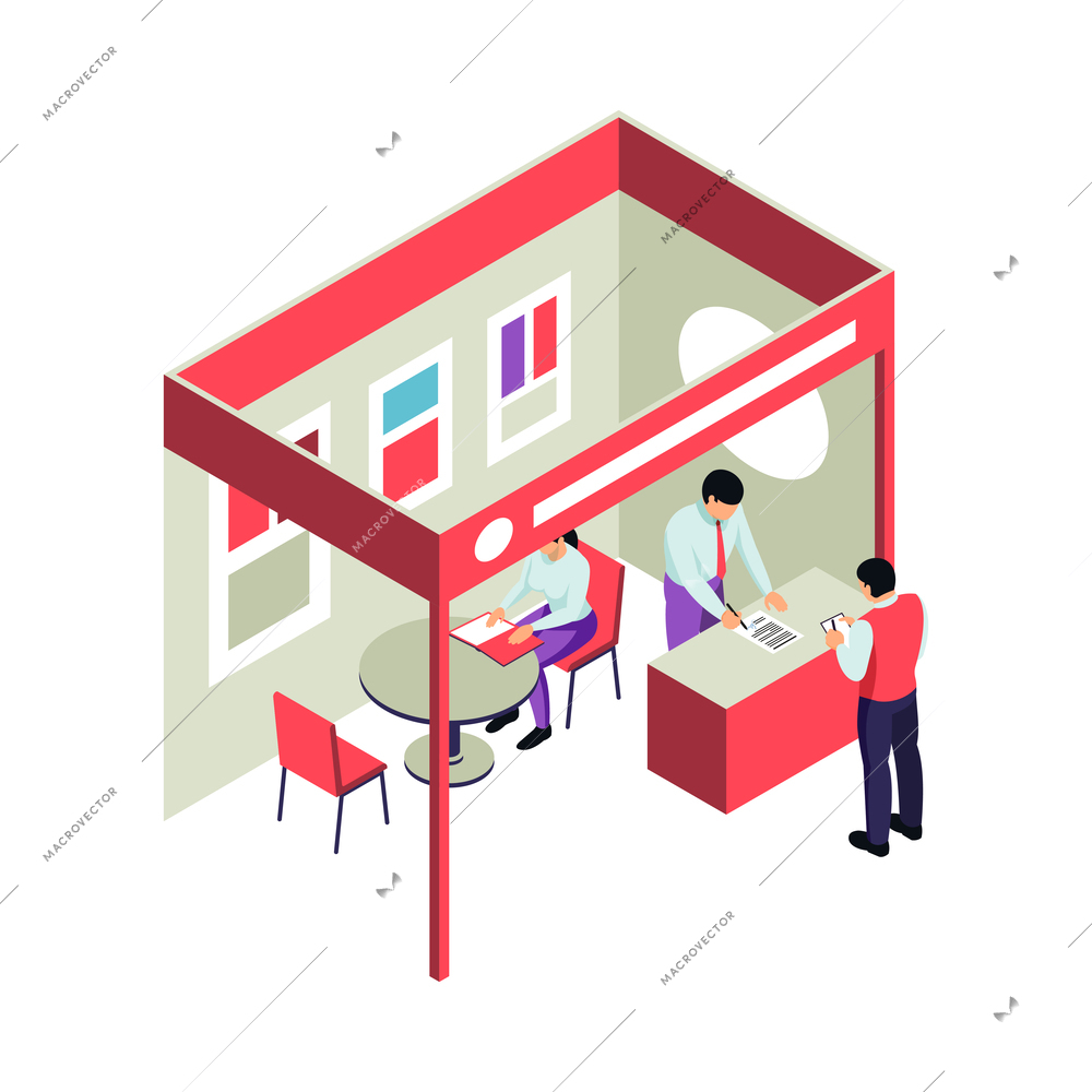 Isometric expo stand trade show exhibition composition of human characters and booth elements vector illustration