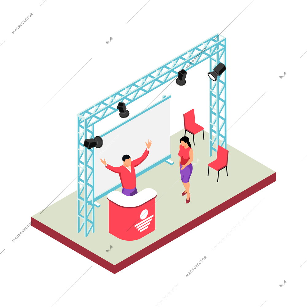 Isometric expo stand trade show exhibition composition of human characters and booth elements vector illustration