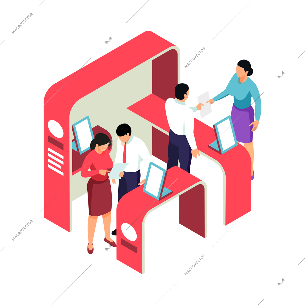 Isometric expo stand trade show exhibition composition of human characters and booth elements vector illustration