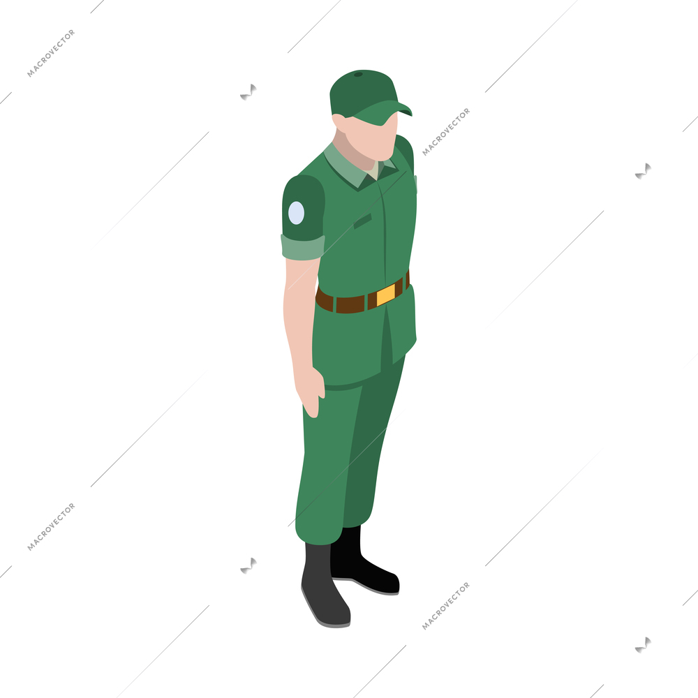 Army military equipment soldier isometric composition with isolated icon on blank background vector illustration