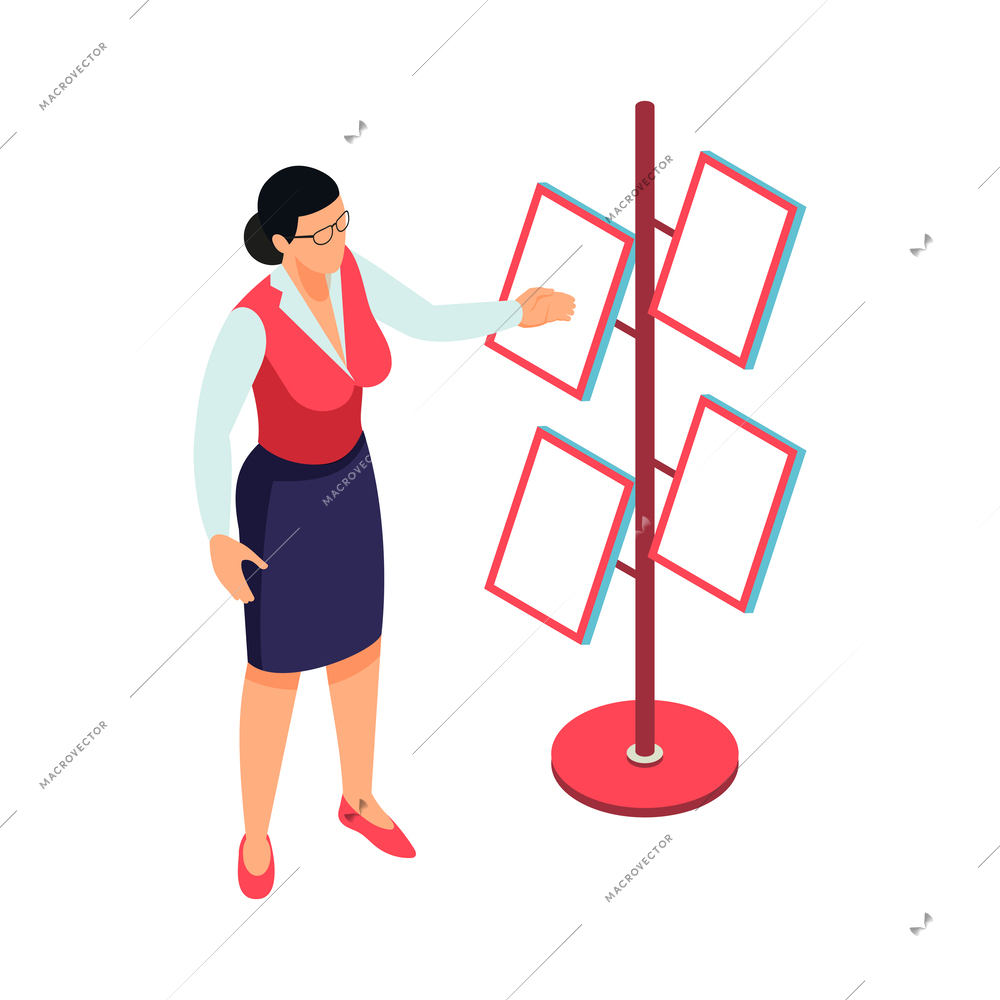 Isometric expo stand trade show exhibition composition of human characters and booth elements vector illustration