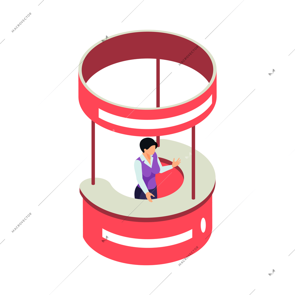 Isometric expo stand trade show exhibition composition of human characters and booth elements vector illustration