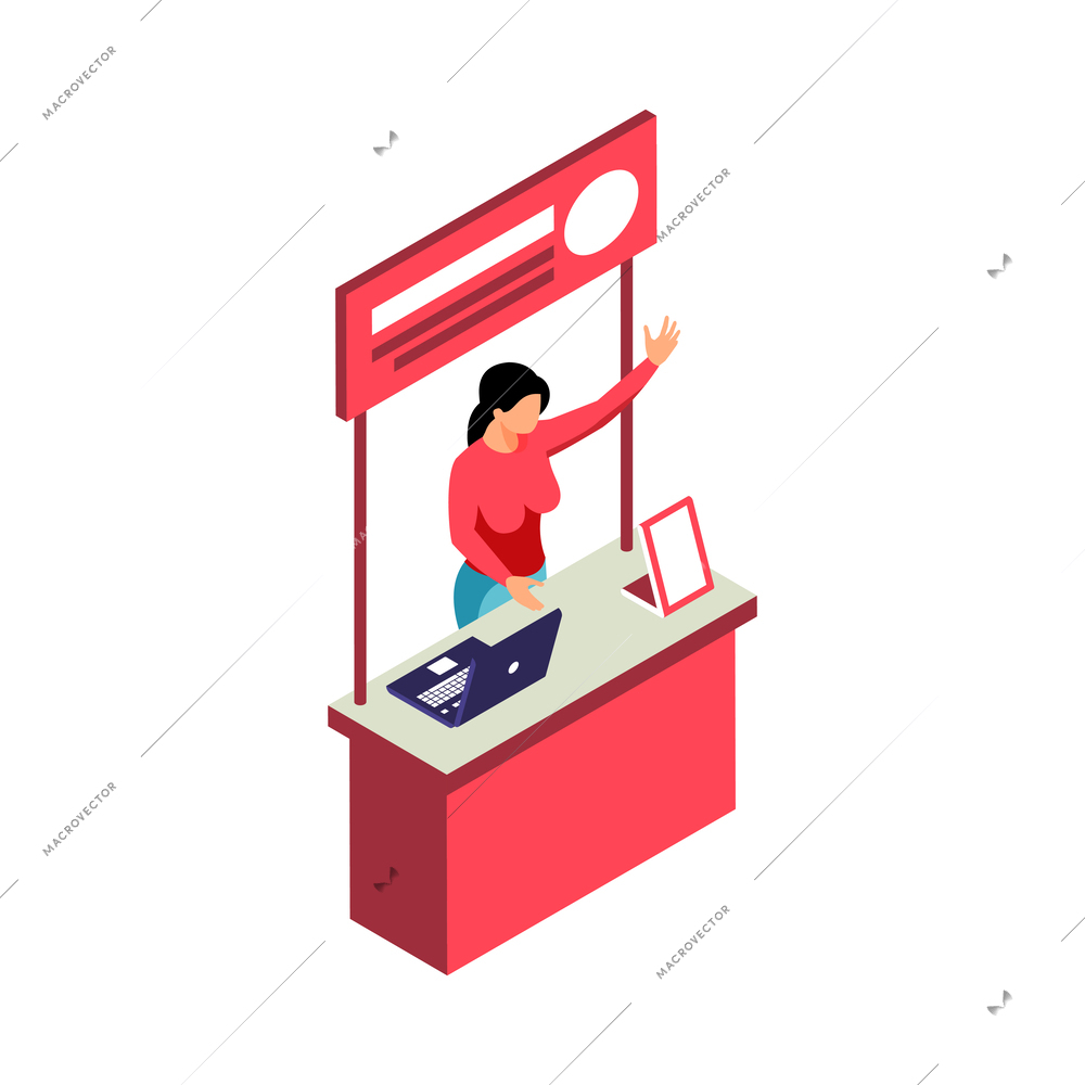 Isometric expo stand trade show exhibition composition of human characters and booth elements vector illustration