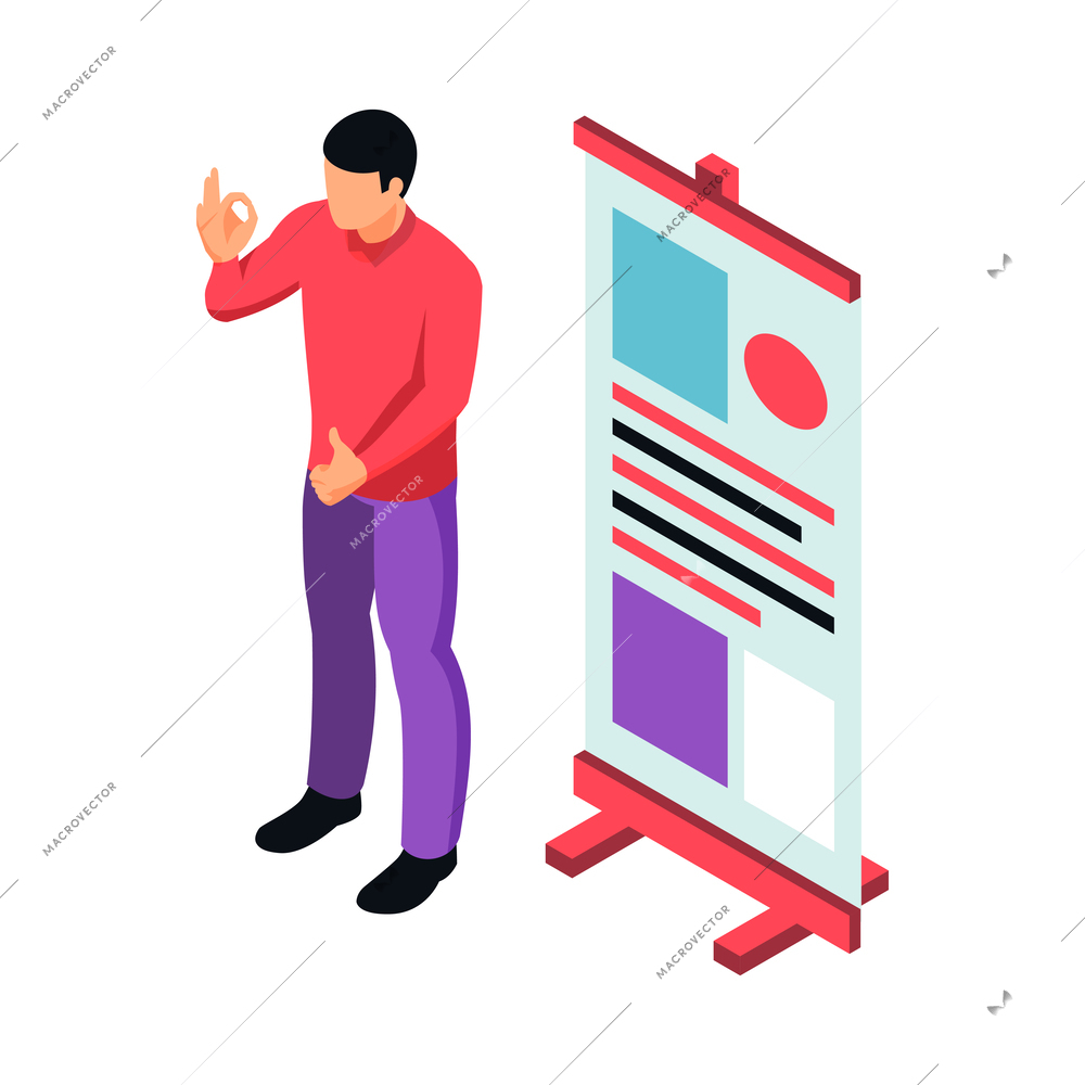 Isometric expo stand trade show exhibition composition of human characters and booth elements vector illustration