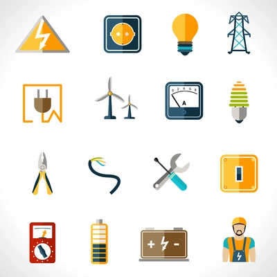 Electricity icons set with tester engineer socket electric power equipment isolated vector illustration