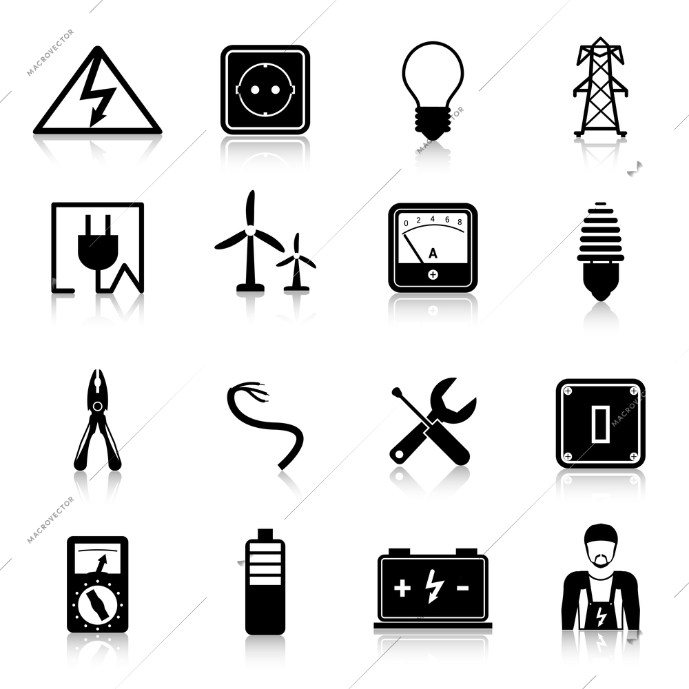 Electricity icons set with industrial power and energy equipment isolated vector illustration