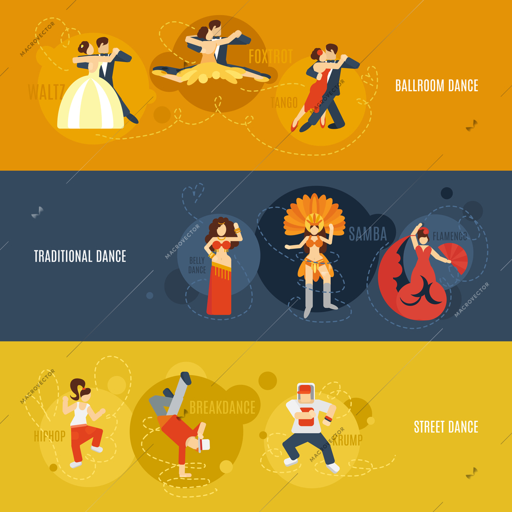 Dancing flat horizontal banner set with street ballroom traditional dance elements isolated vector illustration