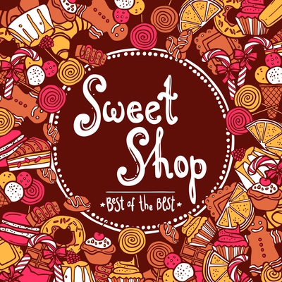 Sweet shop background with sketch cookies chocolate doughnut cupcake vector illustration