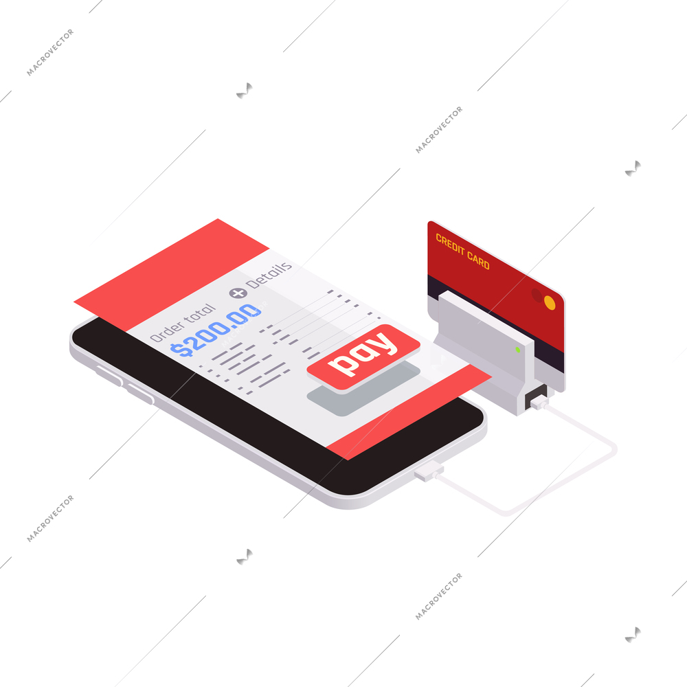 Mobile shopping composition of isolated ecommerce symbols and icons on blank background isometric vector illustration