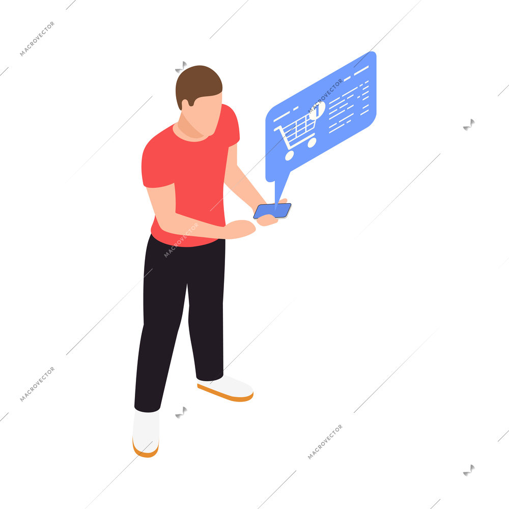 Mobile shopping composition of isolated ecommerce symbols and icons on blank background isometric vector illustration