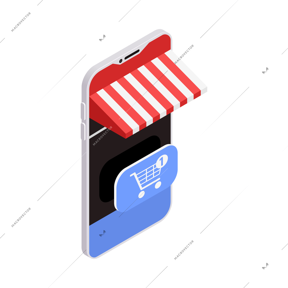 Mobile shopping composition of isolated ecommerce symbols and icons on blank background isometric vector illustration