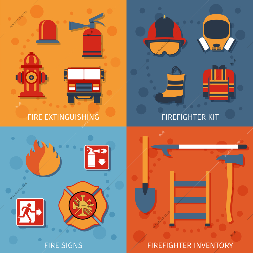 Firefighter design concept set with fire extinguishing inventory signs flat icons isolated vector illustration