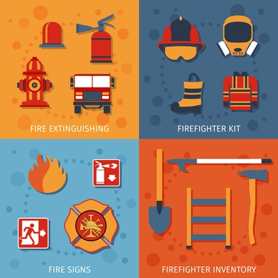 Firefighter design concept set with fire extinguishing inventory signs flat icons isolated vector illustration