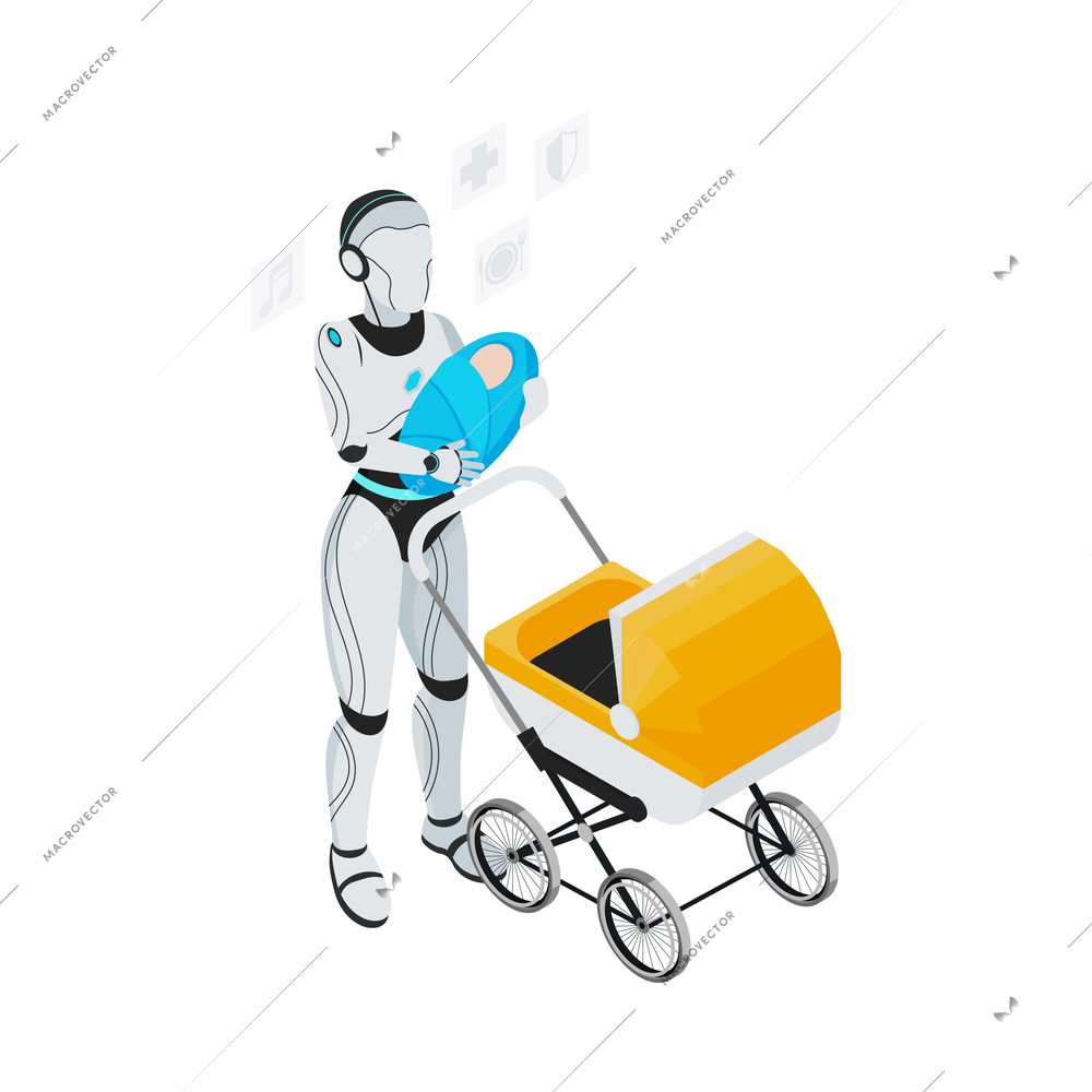 Isometric robot professions composition with isolated image of futuristic cyborg assistant on blank background vector illustration