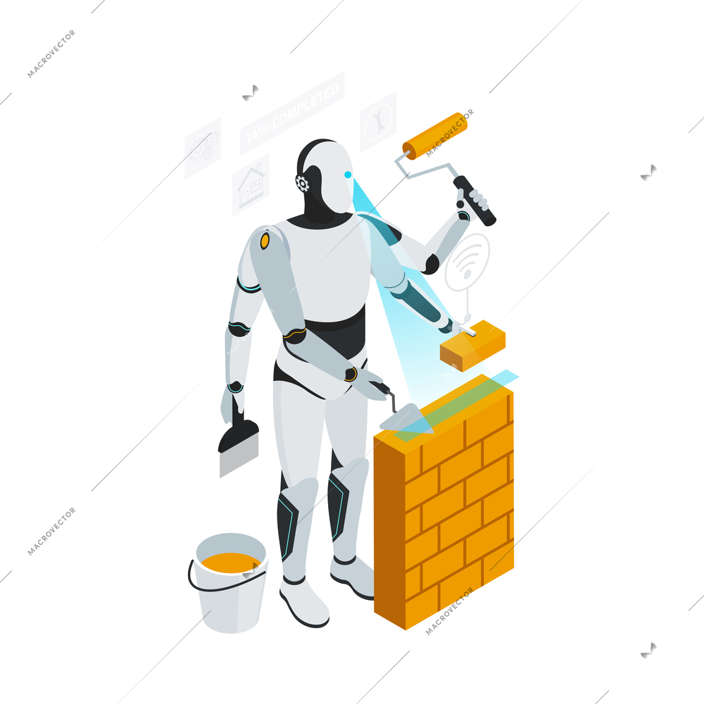 Isometric robot professions composition with isolated image of futuristic cyborg assistant on blank background vector illustration